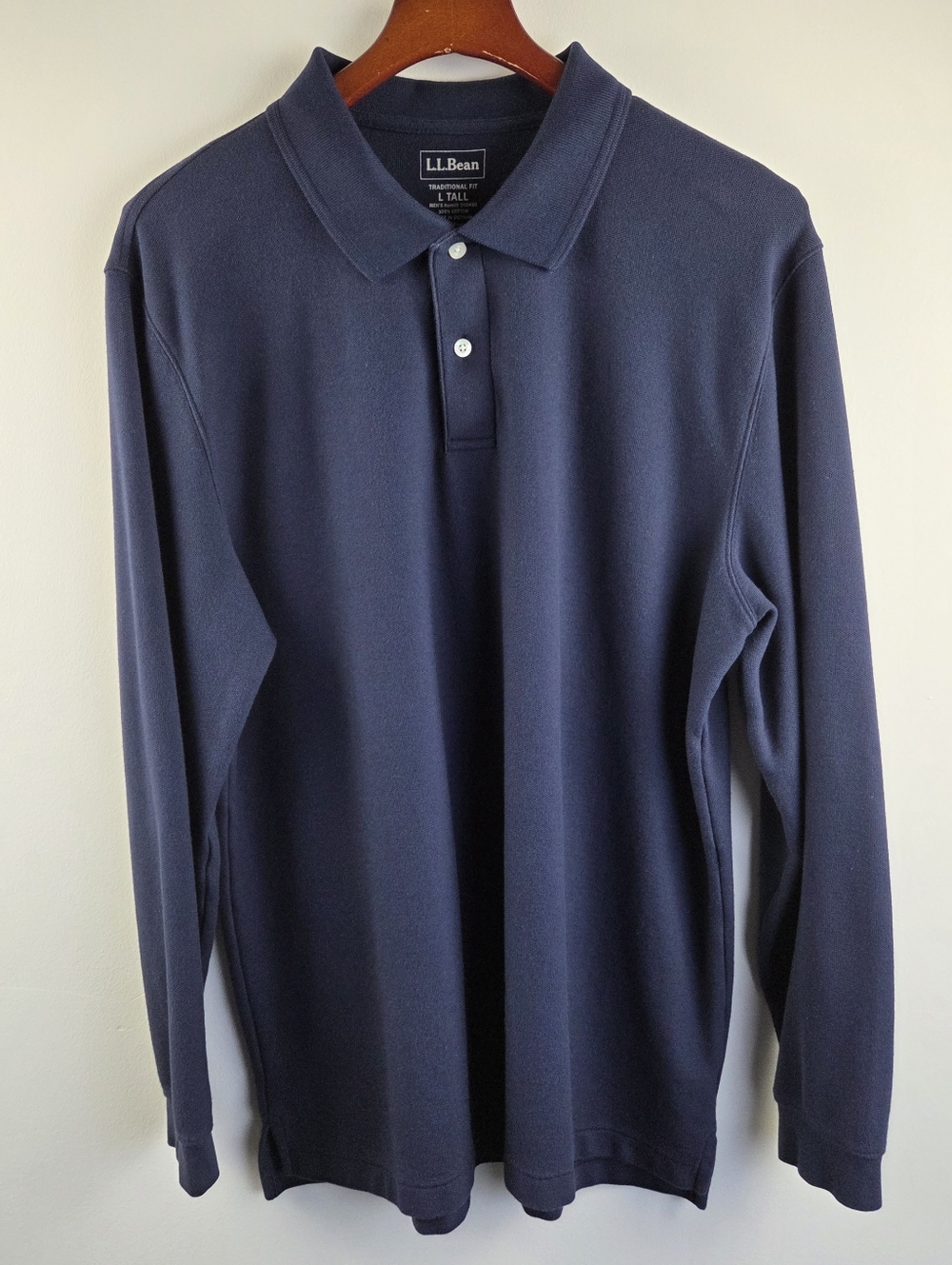 LL Bean Premium Double L Polo Shirt Mens LT Blue Long Sleeve Solid 100% Cotton